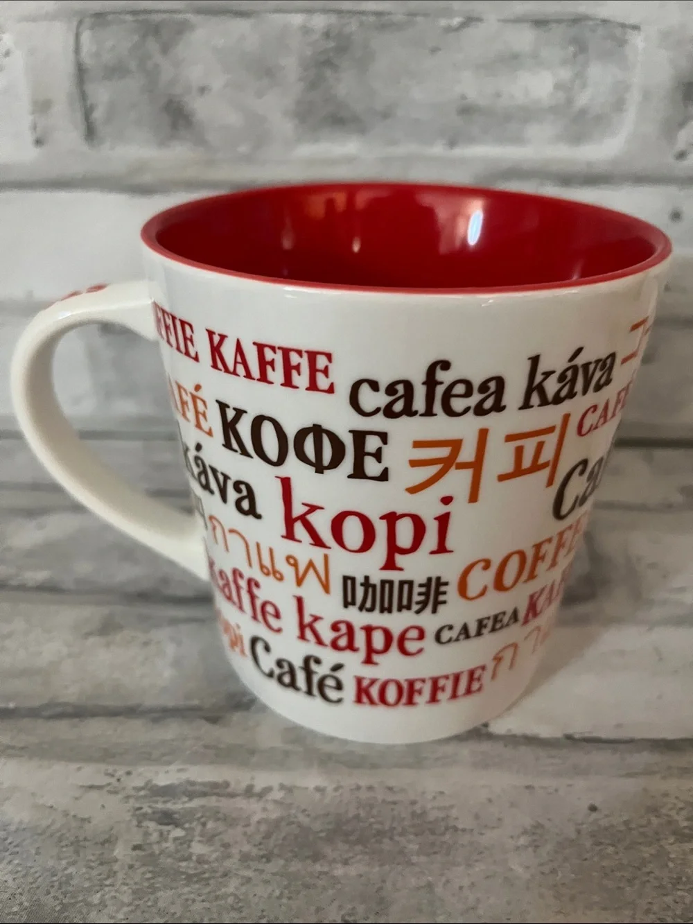 Starbucks Multilingual Coffee Ceramic Mug - White with Red Interior 16 Oz